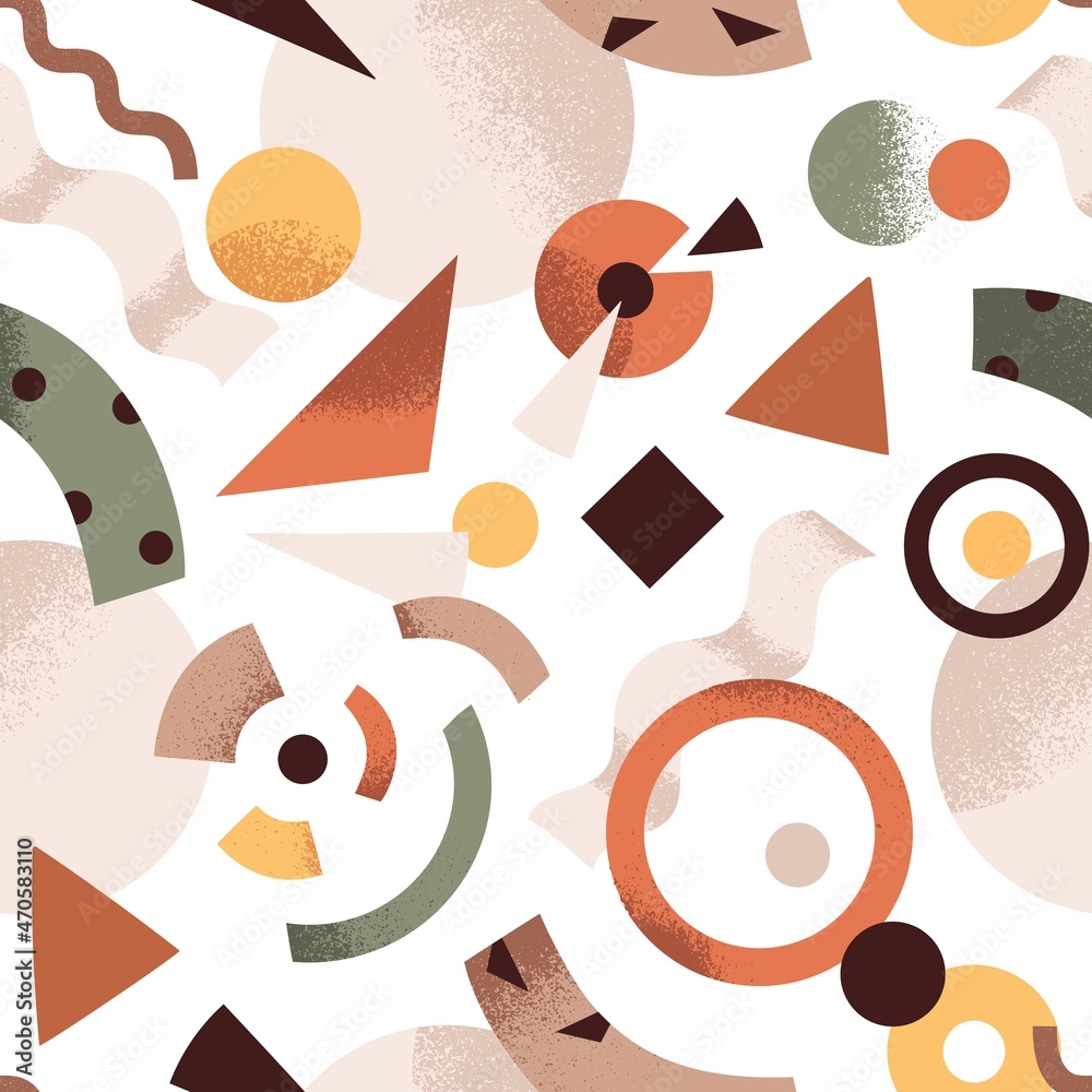 Poster Seamless abstract pattern with geometric shapes. Endless creative background with random geometry figures. Modern texture design with repeating print for wrapping. Colored flat vector illustration