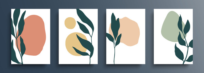 Botanical backgrounds set. Hand drawn boho foliage covers drawing with abstract shapes. Abstract floral backgrounds for your creative graphic design. Vector illustration.