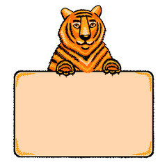 Tiger holding blank sign to show your message. Cute animal holding an empty banner in paws. Hand-drawn character Isolated on a white background. Tiger, frame with place for text. Vector Illustration.