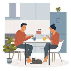 Young  man and woman sitting on the chairs  with smartphones in the kitchen. Cat is lying under the table. Vector flat illustration