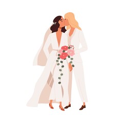 Lesbian couple marriage. Homosexual wedding. Brides in dress and pants kissing. LGBT newlyweds. Happy wives with flower bouquet at ceremony. Flat vector illustration isolated on white background