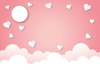White hearts with clouds and sun on pastel pink background. Concept for Wedding, Valentine’s day, Women’s, Mothers, Fathers, poster, card, love. space for the text. paper cut design style.