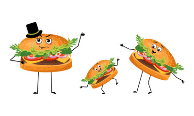 Naklejka premium Family of hamburger characters with happy emotions, smile face, happy eyes, arms and legs. Mom is happy, dad is wearing hat and child is dancing. Vector flat illustration