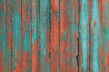 Green and red wooden fence for inscription. Surface, faded in the sun, shabby fence (fencing). The layout or mock-up of the wooden boards with peeling paint. Two color wooden texture and background
