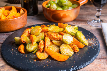 Brussels sprouts fried chicken breast and potatoes