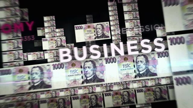 Czech koruna money loop 3d animation. Camera flying between NZD banknotes. Finance, economy, crisis, business success, recession, debt and tax seamless looped concept.