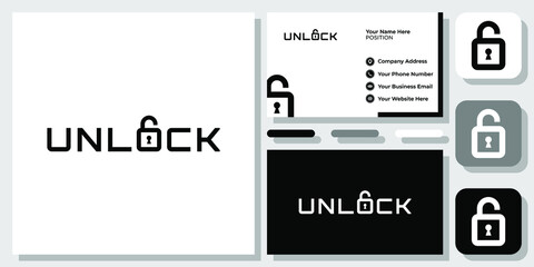 Fototapeta na wymiar Wordmark Lettermark Padlock Unlock Safe Protection Key Open Lock Logo Design Business Card Template