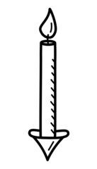 Burning candle icon, vector doodle illustration of a wax candle with a wick.