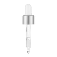 Cosmetic pipette. A glass pipette with a cosmetic substance dripping from the tip. The silver color of the pipette lid. A cosmetic product.