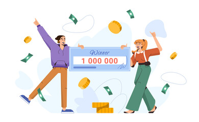 Flat lucky couple win lottery jackpot. Happy winners holding bank check for million dollars. Young characters with huge money prize from casino gambling game. Man and woman hold big winning bill.