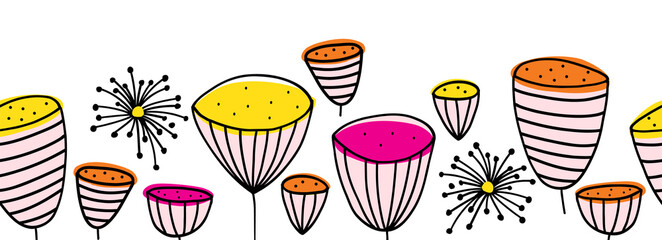 Seamless border doodle flowers. Modern hand drawn cute line art pattern decorative florals. Vector sketch illustration isolated on white background. Simple minimalism border for footer, card decor.