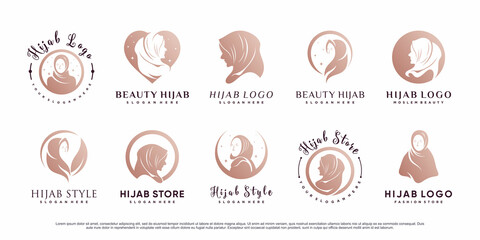 Set bundle of muslim woman logo design wearing hijab Premium Vector