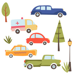 Naklejka premium A set of cars with trees. Flat vector illustration.