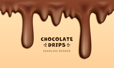 Realistic Seamless Dripping Chocolate Drops Horizontal Border. 3D vector liquid melted flowing milk chocolate, brown syrup flowing down, cake topping splash on caramel background mockup