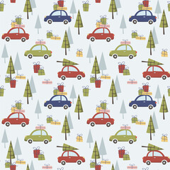 Fototapeta na wymiar Seamless pattern with cars and Christmas trees.