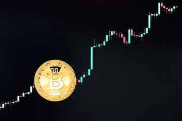 Gold bitcoin coin against the background of the price chart, which shows a high rise in price. Cryptocurrency. Financial growth concept.