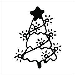 Vector black and white doodle-style illustration of a simple Christmas tree