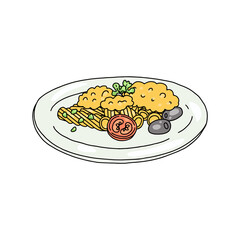 Italian fusilli pasta on plate with tomatoes, sauce, basil leaf, olives