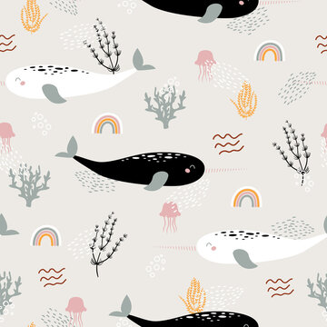 Narwhale, jellyfish and rainbow seamless childish pattern with beige background. Hand drawn repeat pattern for wrapping, fabrik, textile or paper projects. Vector illustration.