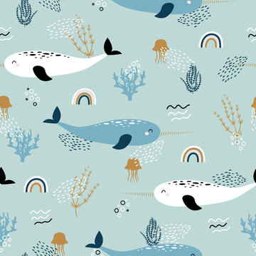 Narwhale, jellyfish and rainbow seamless childish pattern on turquoise background. Hand drawn repeat pattern for wrapping, fabrik, textile or paper projects. Vector illustration.