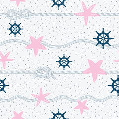 Maritime seamless repeat pattern with starfish, rope and steering wheel in pink and blue.Perfect for wrapping, textile and design projects, Vector illustration.