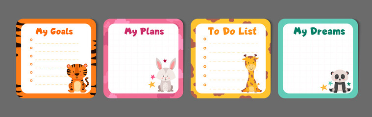 Kids stationery animals set with memo planners, to-do lists with cute illustrations, template for planners, day agenda, checklists. © Foxelle