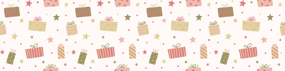 Christmas pattern with hand drawn present boxes. Xmas wrapping paper concept. Banner. Vector