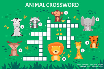 Animal crossword in english. Educational activity for kindergarten preschool, school game. Learning english language. Cartoon spelling puzzle test.