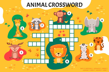 Animal crossword in english. Educational activity for kindergarten preschool, school game. Learning english language. Cartoon spelling puzzle test.