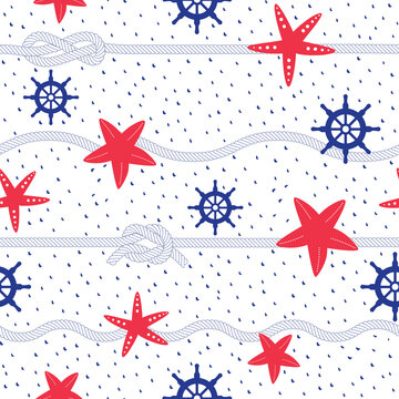 Maritime seamless repeat pattern with starfish, rope and steering wheel in red and blue.Perfect for wrapping, textile and design projects, Vector illustration.