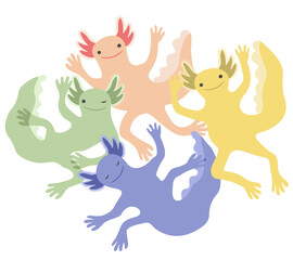 Vector isolated illustration of four colorful axolotls. Playful cute amphibians swimming together.