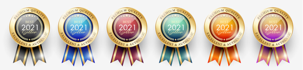 Best seller 2021 / Premium quality medals set. Realistic golden labels - badges, best seller 2021. Vector illustration EPS10