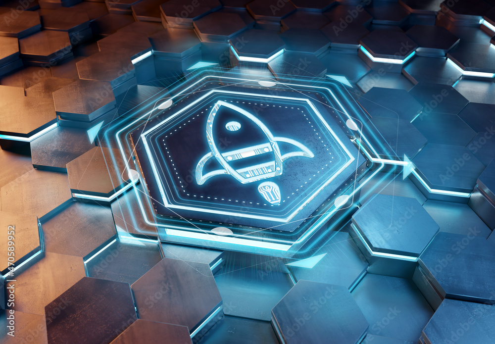 Aufkleber Spaceship icon innovation concept engraved on metal hexagonal pedestral background. Rocket startup logo glowing on abstract digital surface. 3d rendering