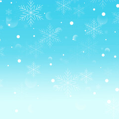 Fototapeta na wymiar Snowflakes soaring on a gradient blue background. Beautiful winter illustration. Snowflakes and snow float on the blue sky. Illustration with copy space.