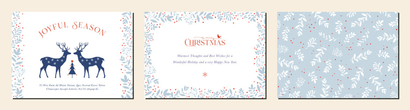Merry and Bright Horizontal Holiday cards. Christmas, Holiday templates with Christmas tree, reindeers, bird, floral background and frames with greetings and copy space.