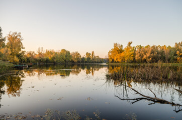 Begec, Serbia - October 30. 2021: Autumn panorama on the artificial lake Begecka jama, near the city of Novi Sad.