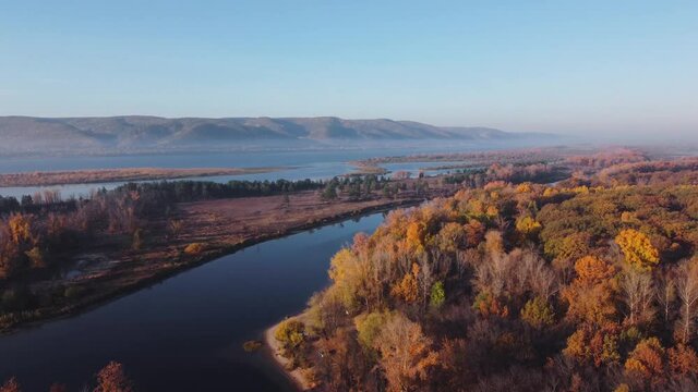 Aerial view of the islands and channels of the Volga river in the autumn season.