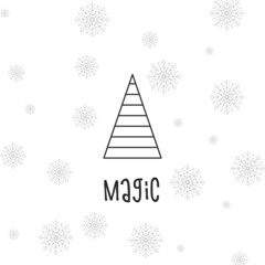 Fototapeta premium Black silhouette of a Christmas tree with snowflakes. Merry Christmas and Happy New Year 2022. Vector illustration. Magic.
