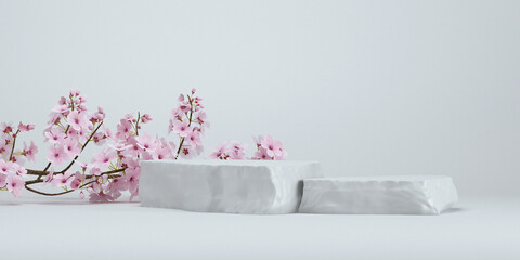 Cosmetic background. japanese style minimal stone podium and cherry blossom white background for product presentation. 3d rendering illustration.