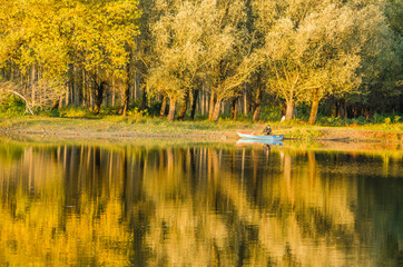 Begec, Serbia - October 30. 2021: Autumn panorama on the artificial lake Begecka jama, near the city of Novi Sad.