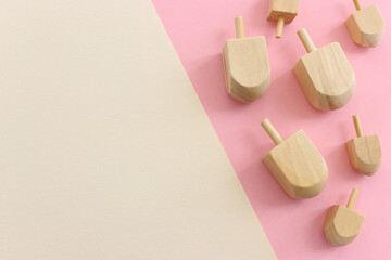 Image of jewish holiday Hanukkah with wooden dreidels collection (spinning top)