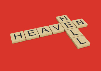 Heaven Hell words written with wooden letters on red background