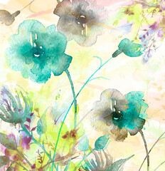 Watercolor bouquet of flowers, Beautiful abstract splash of paint, fashion illustration.Orchid flowers, poppy, cornflower,pansies, viola, field or garden flowers. Watercolor abstract.thickets, garden 