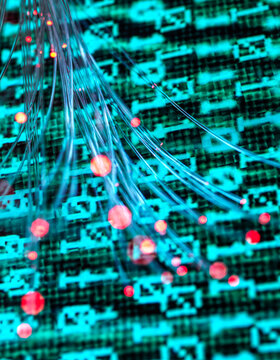 Fiber optics carrying computer virus attacking binary code