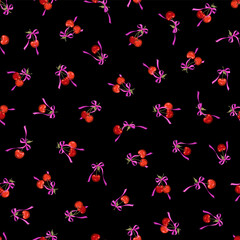 A seamless pattern of cherries bundled with a ribbon,