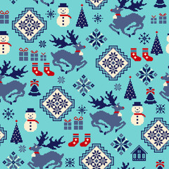 Traditional Nordic pattern with reindeer and snowman,