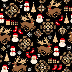Naklejka premium Traditional Nordic pattern with reindeer and Santa Claus,