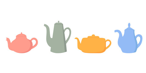 Set of colorful teapots. Kitchen utensil. Doodle flat style. Isolated vector illustration