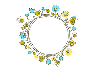 Round frame with fantasy simple flowers and leaves. Summer flower meadow. Cartoon colorful stock illustration - eps10 vector.