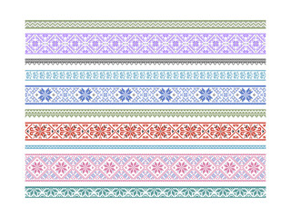 Folklore decorative cross-stitch with stylized flowers. Set of lines from traditional folk elements of embroidery on a white background. Stock illustration - eps10 vector.